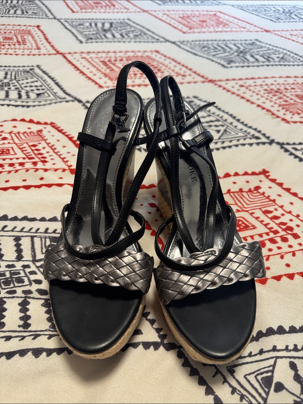 Audrey Brooke Black and Metallic Braided Espadrille Wedge Sandals